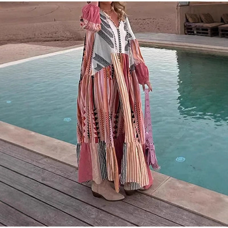 Fina Dam Klänningar Lång Puffärm Patchwork Polyester V-hals-4