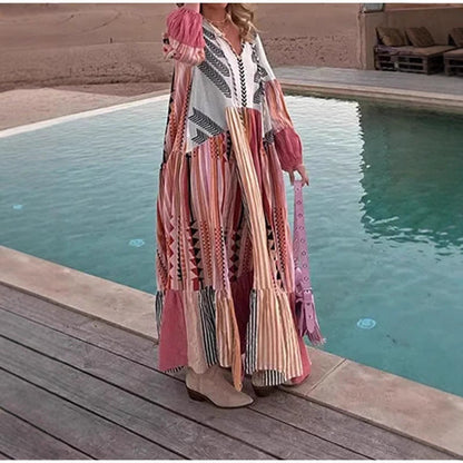Fina Dam Klänningar Lång Puffärm Patchwork Polyester V-hals-4