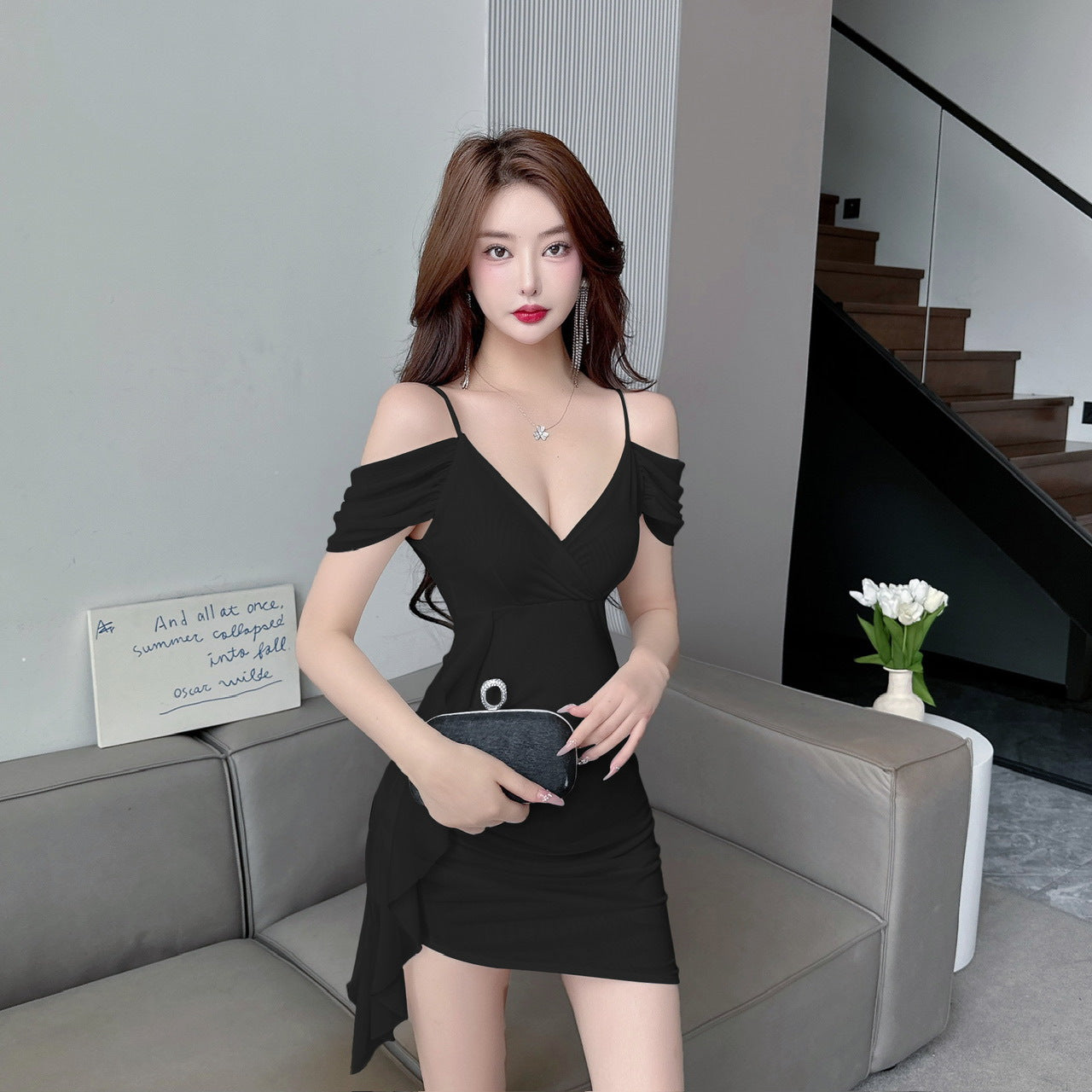 Variant image for Dam Klänning Bodycon Spaghetti Band Mesh Kort V-ringning-4