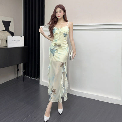 Dam Klänning Midi Spaghetti Rem Tryckt Polyester Elegant Fina Dam Klänningar-4