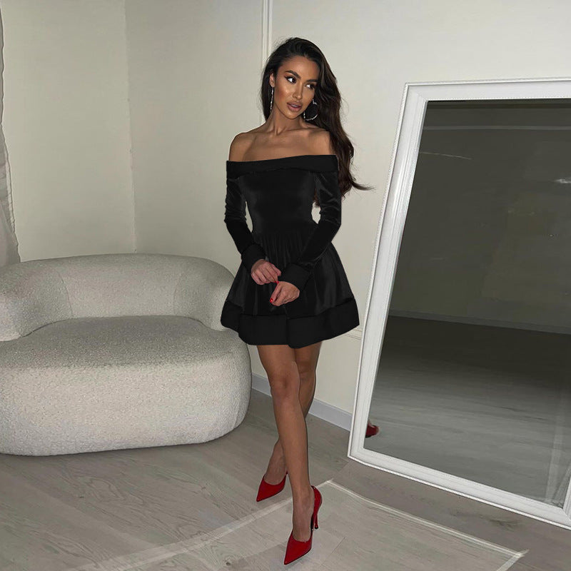 Variant image for Kvinnors Off-Shoulder Klänning Plysch Högkvalitativt Tyg-2