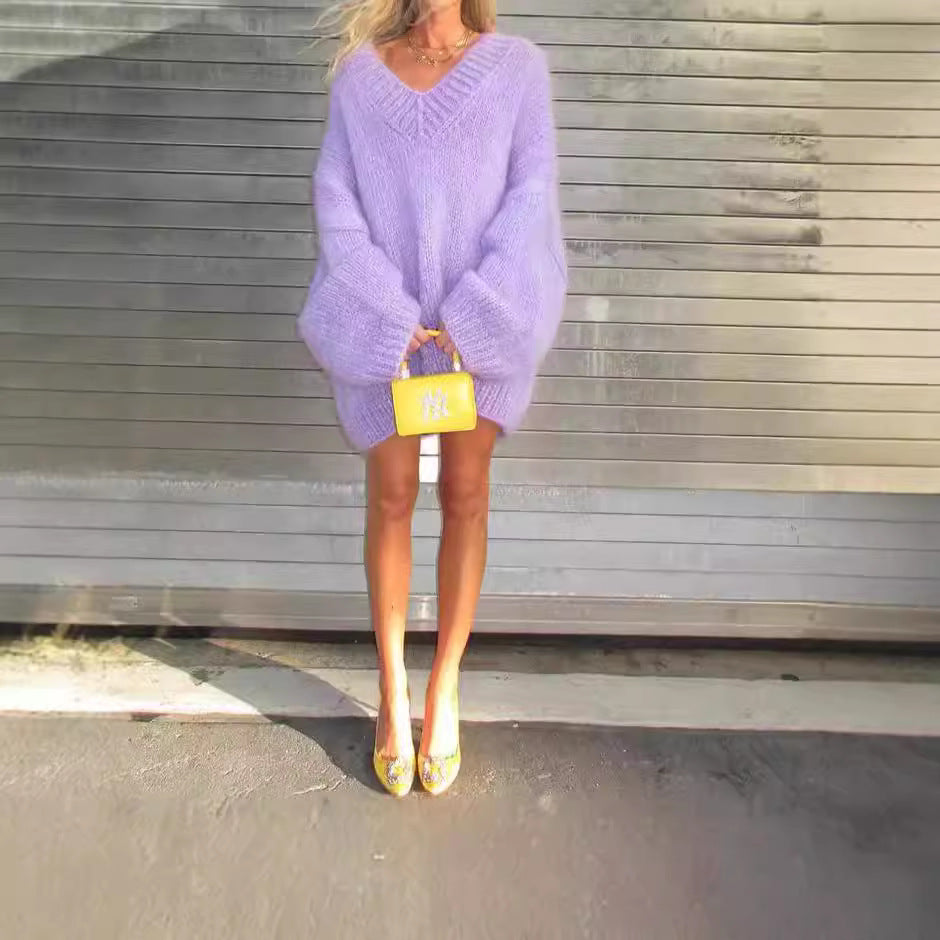 Kvinnors V-ringningströja Lätt Ull med Stora Ärmar-2