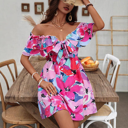 Kvinna Off-Shoulder Klänning Blommig A-Linje Fyra-Vägs Sträckt Tyg-4