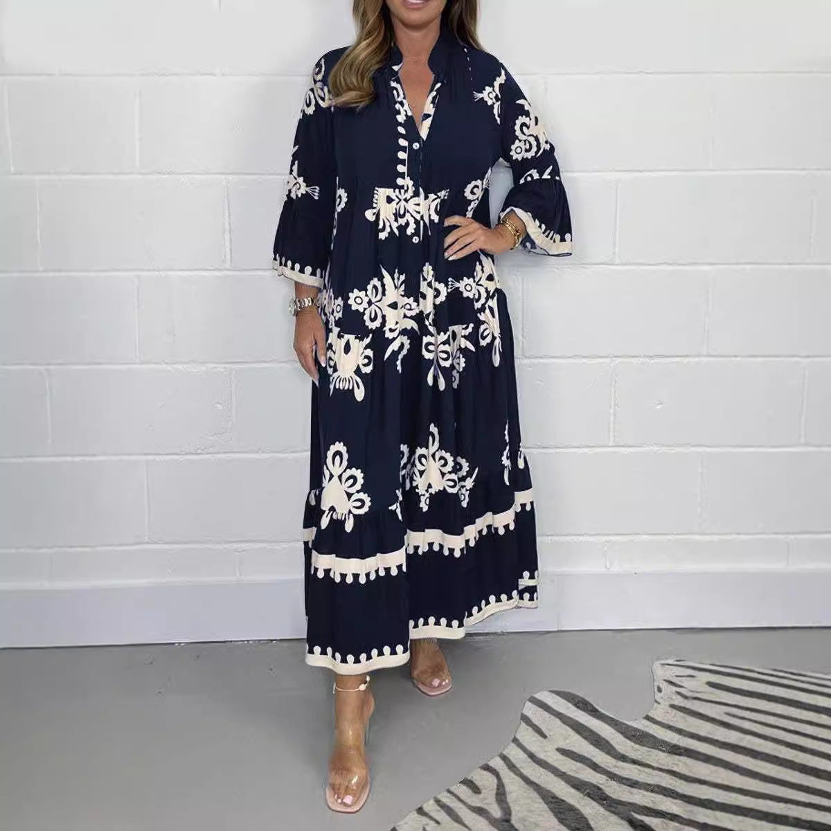 Variant image for Damklänning Med Tryckt Stativ-Up Krage Polyester Elegant Stil-43