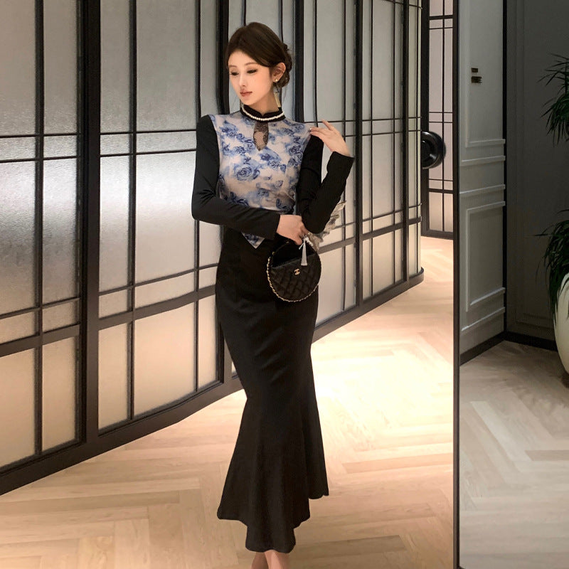 Kvinna Fishtail Klänning Spets Höghalsad Långärmad-2