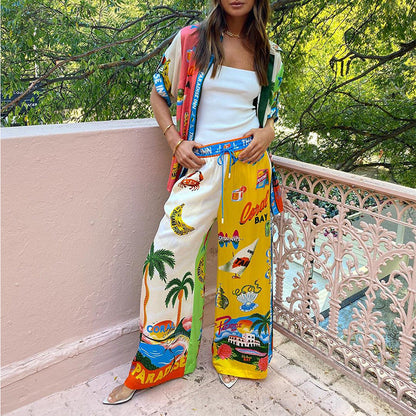 Dam Casual Set Tryckt Skjorta och Byxor Syntetisk Blandning-4