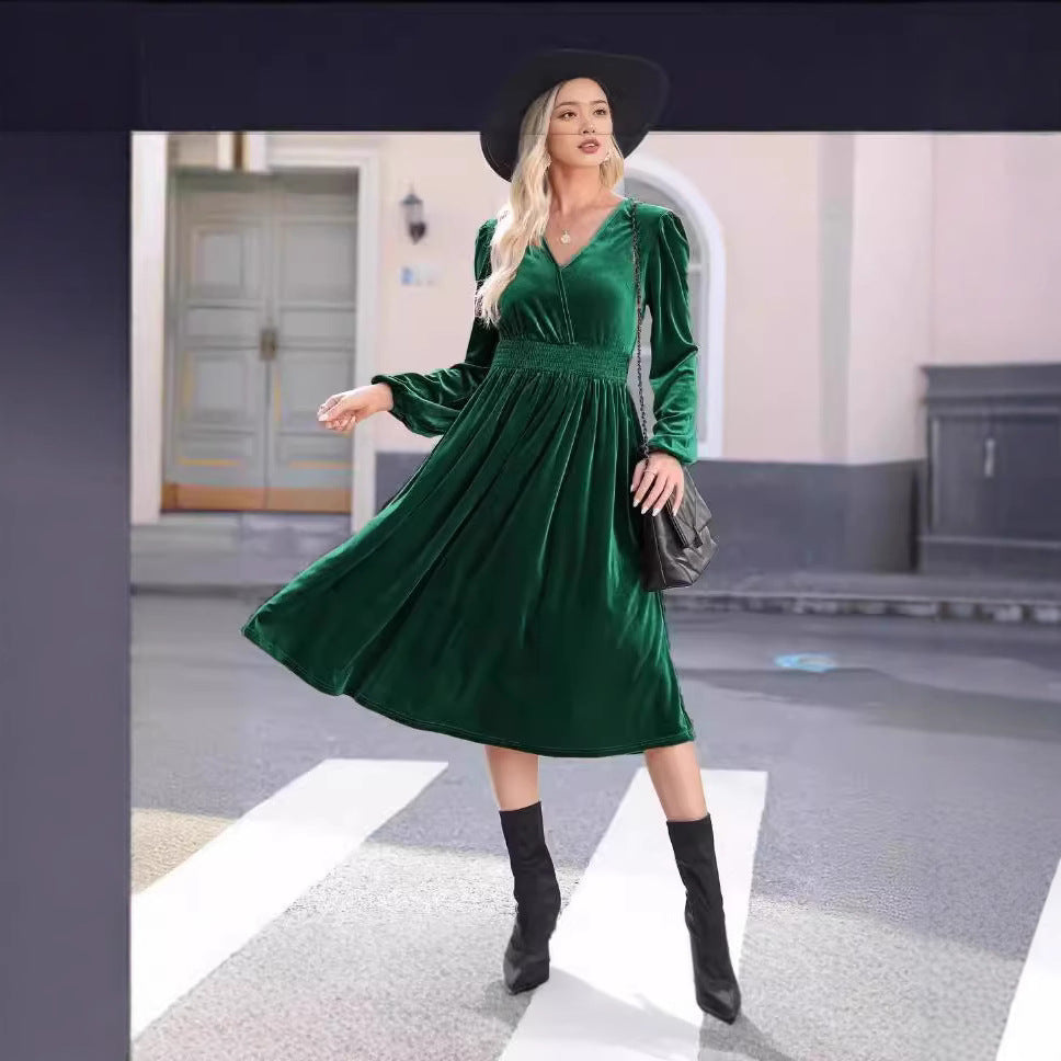 Kvinna Lång Klänning Veckad Polyester Pullover-3