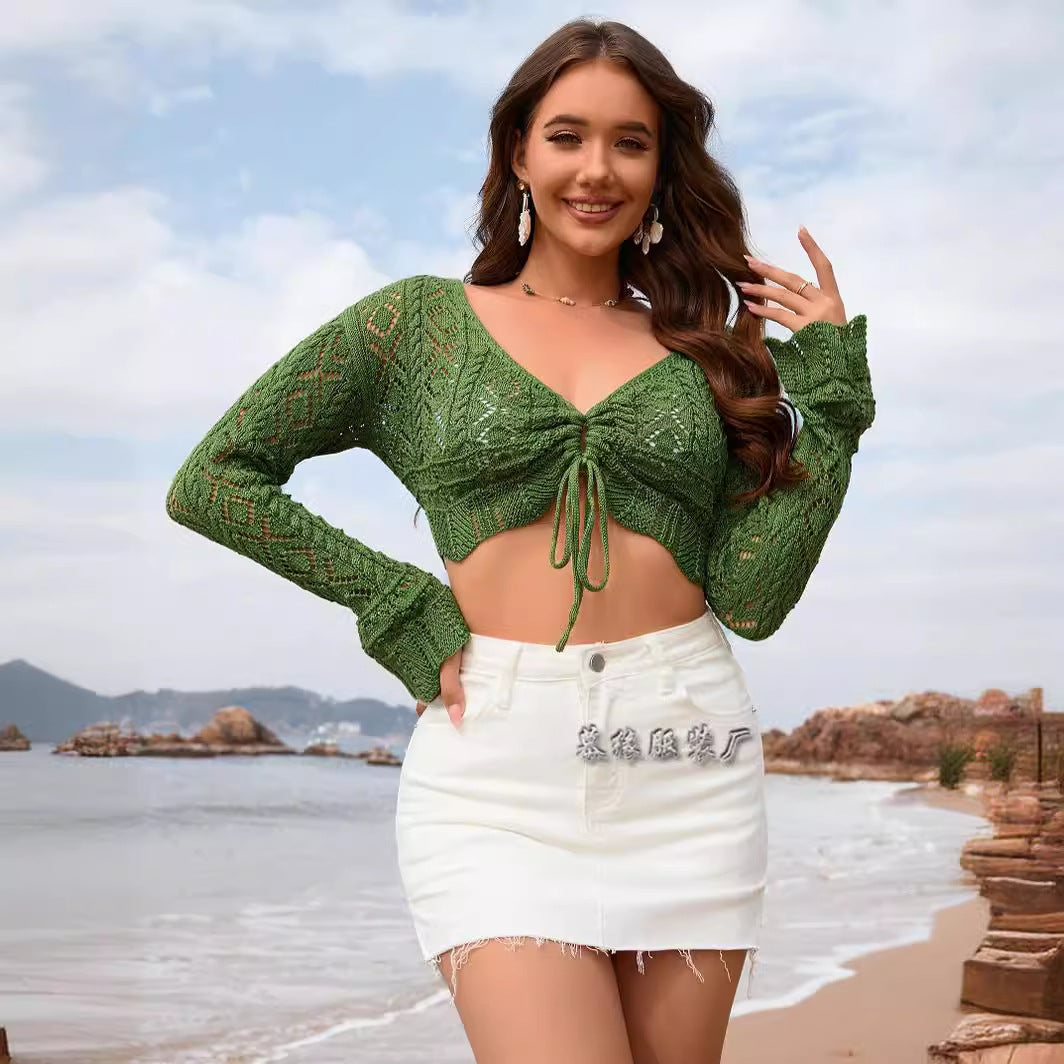 Dam Stickad Tröja V-hals Polyester för Avslappnad Elegans-2