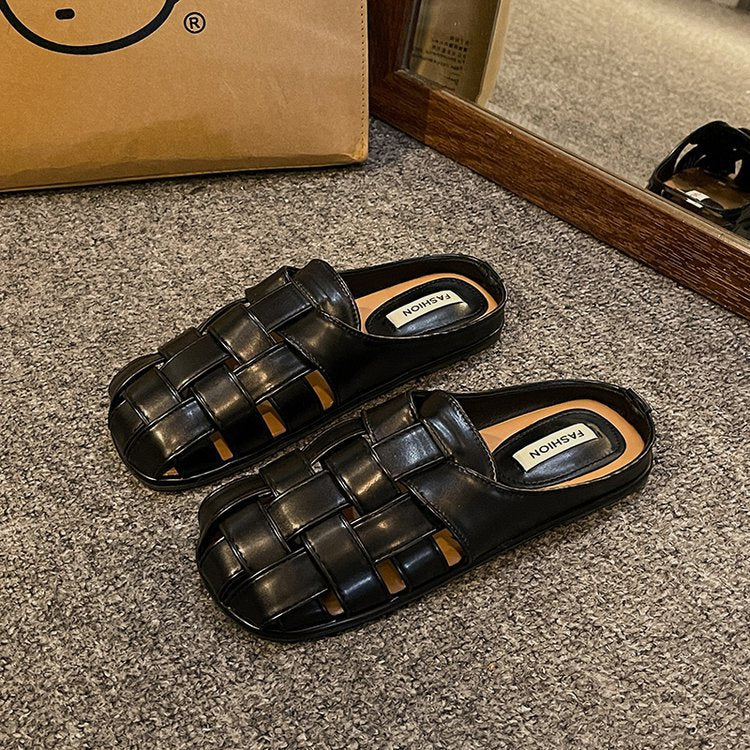 Kvinnors Öppna Pantoletter Flätad Syntetiskt Läder-4