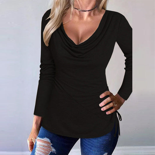 Dam Långärmad T Shirt Draperad V-ringning Polyester-1