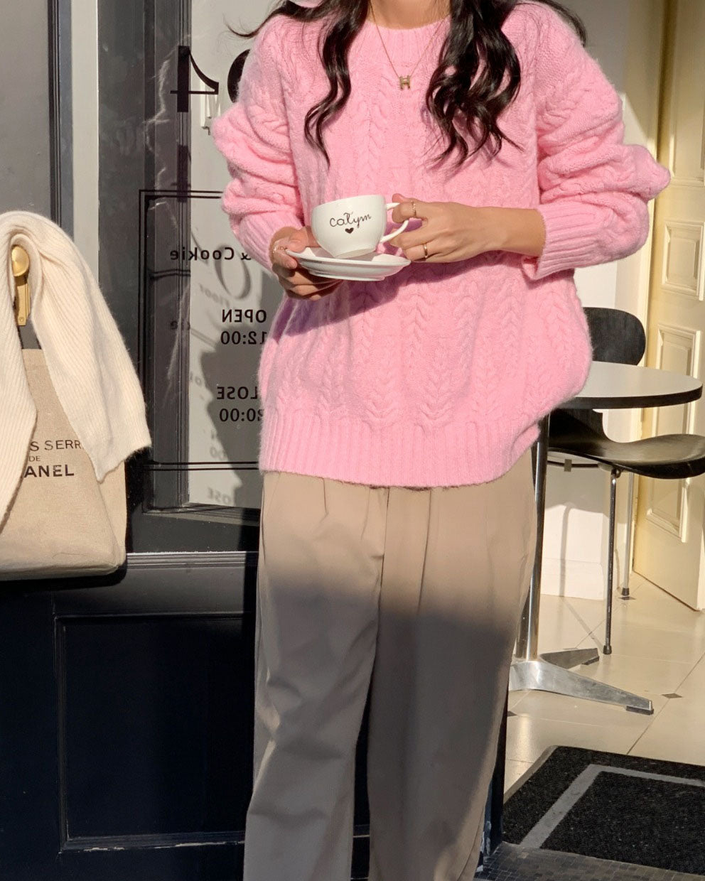 Dam Stickad Tröja Löst Vridmönster Mjuk Material 6