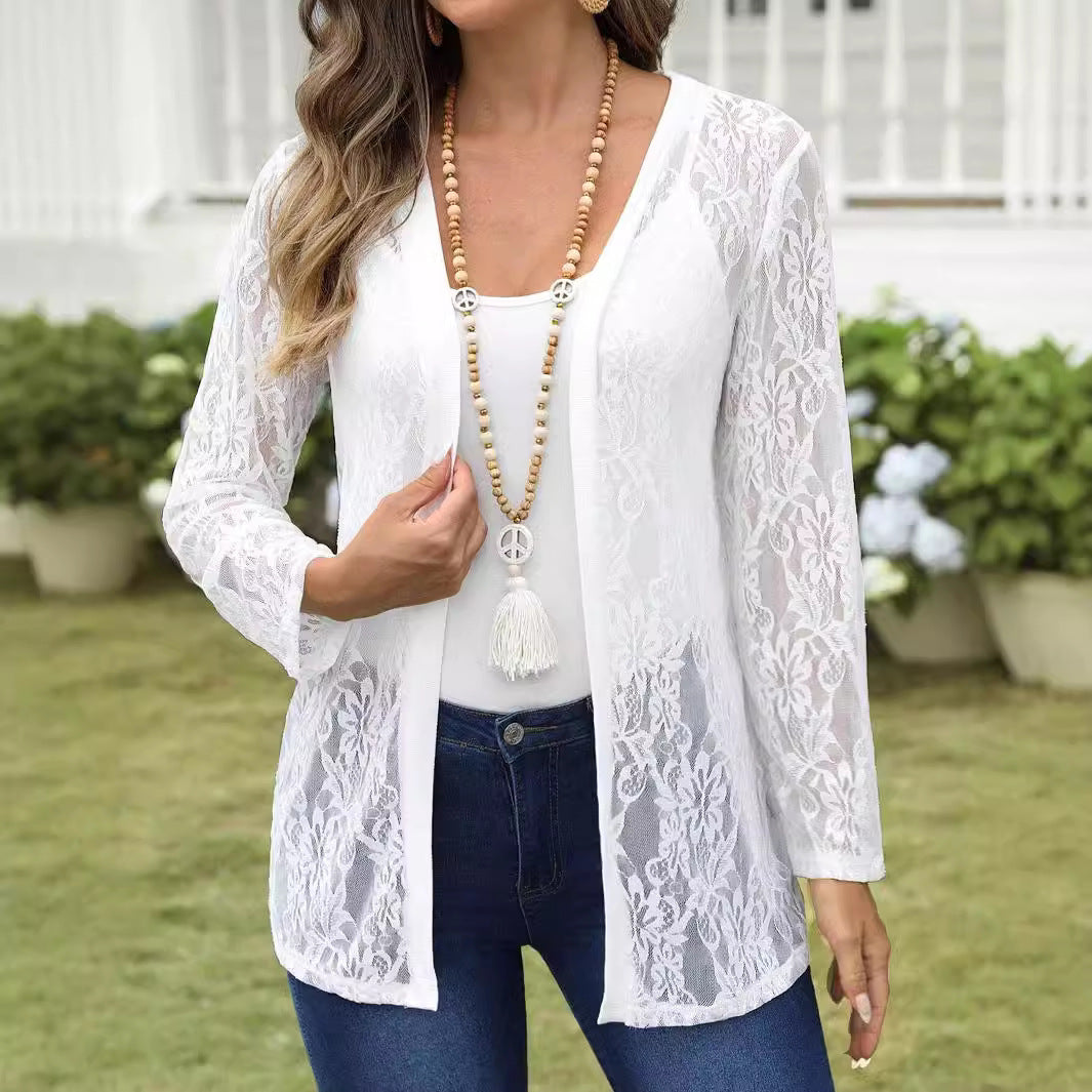 Vit Dam Blus med Spetsdetaljer Långärmad Nylon Elegant-2