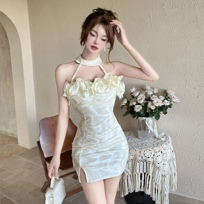 Variant image for Kort Klänning Dam Halterneck Blommönster 100% Bomull-1