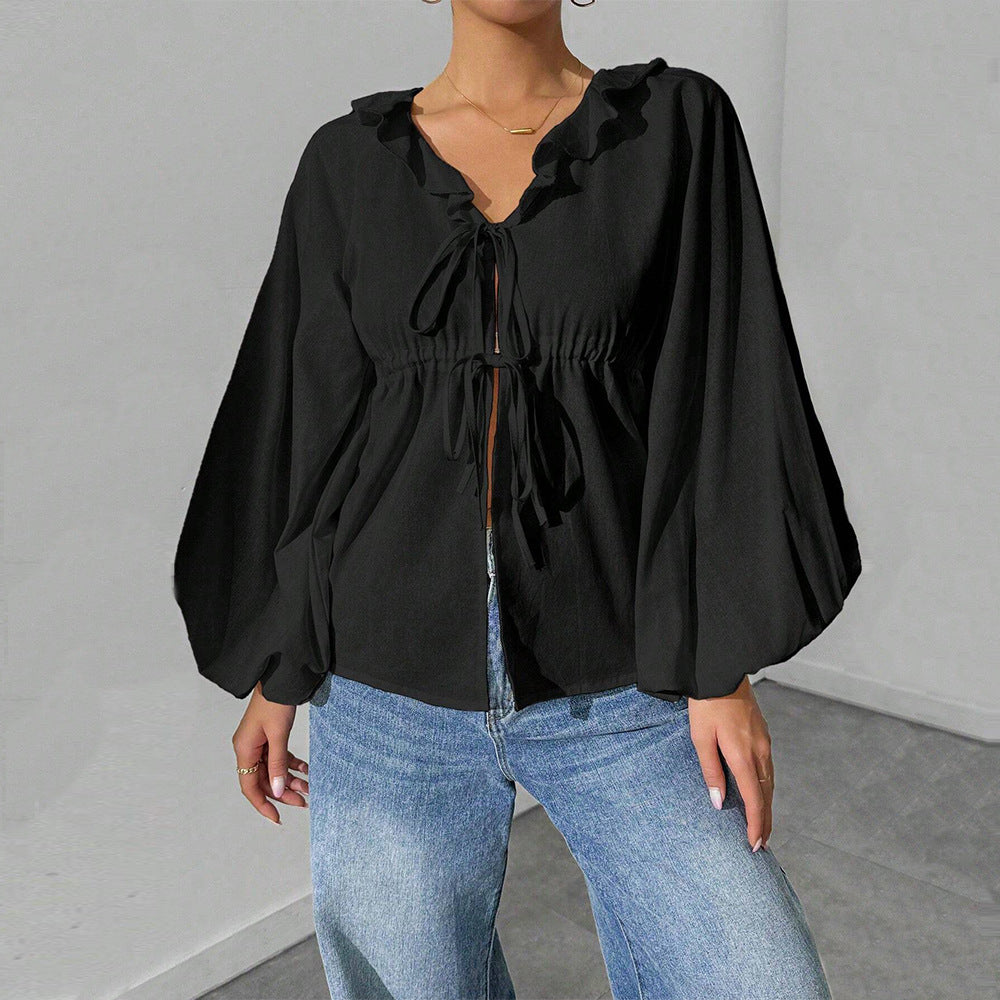 Dam Blus med Voluminösa Ärmar och Ruffle Detalj i Mjukt Material 7