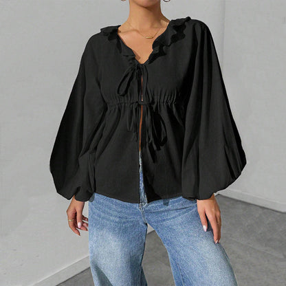 Dam Blus med Voluminösa Ärmar och Ruffle Detalj i Mjukt Material 7