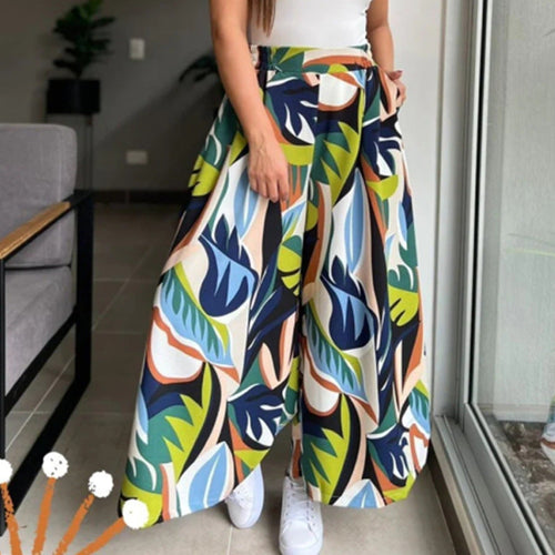 Höga Midja Bredbenade Byxor för Kvinnor i Elastiskt Tyg med Tryckt Mönster – Trendig och Bekväm Stil 1