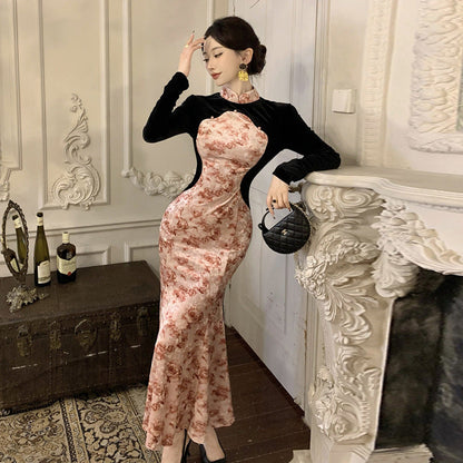 Fina Dam Klänningar i Sammet med Lång Ärmar och Ståkrage – Eleganta Klänningar för Fest och Vardag 5