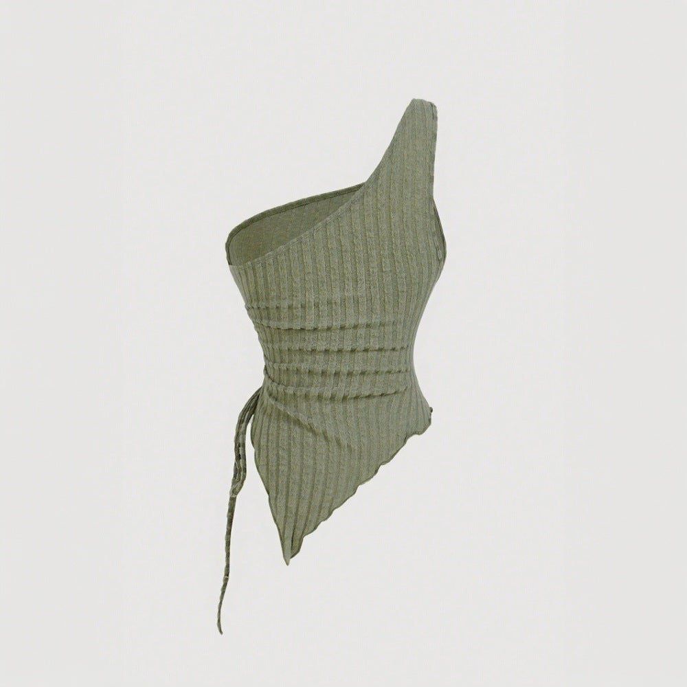 Dam Asymmetrisk Topp med Modern Knytning Elastisk Bomullsblandning-4