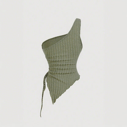 Dam Asymmetrisk Topp med Modern Knytning Elastisk Bomullsblandning-4