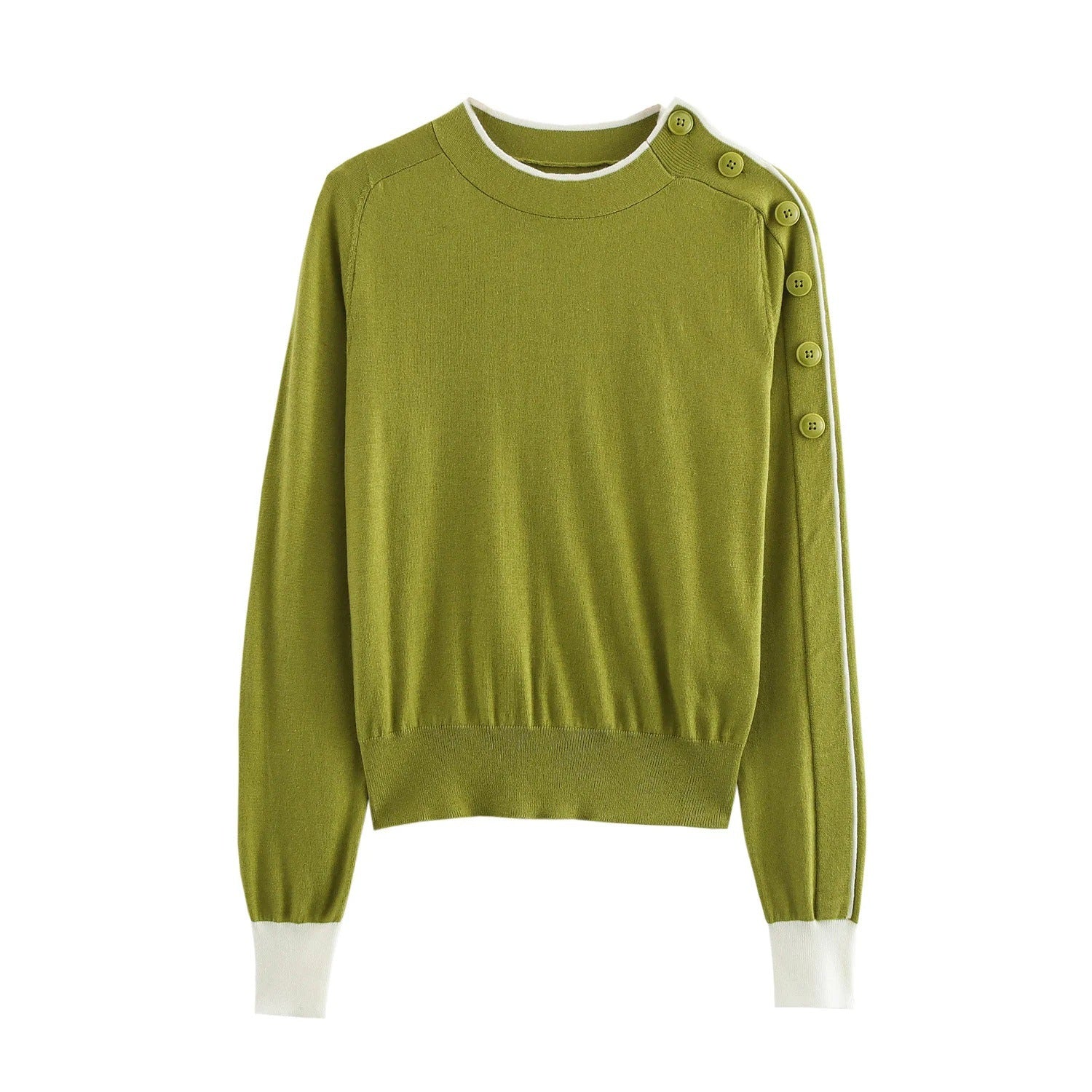 Stickad Dam Tröja Med Dekorativa Knappar Och Kontrasterande Ärmar - Bekväm Bomullsblandning, Perfekt För Vardag Och Fest 1