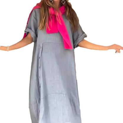 Dam Långklänning Löst Avslappnad Bomull med Cirkulär Halsringning-4