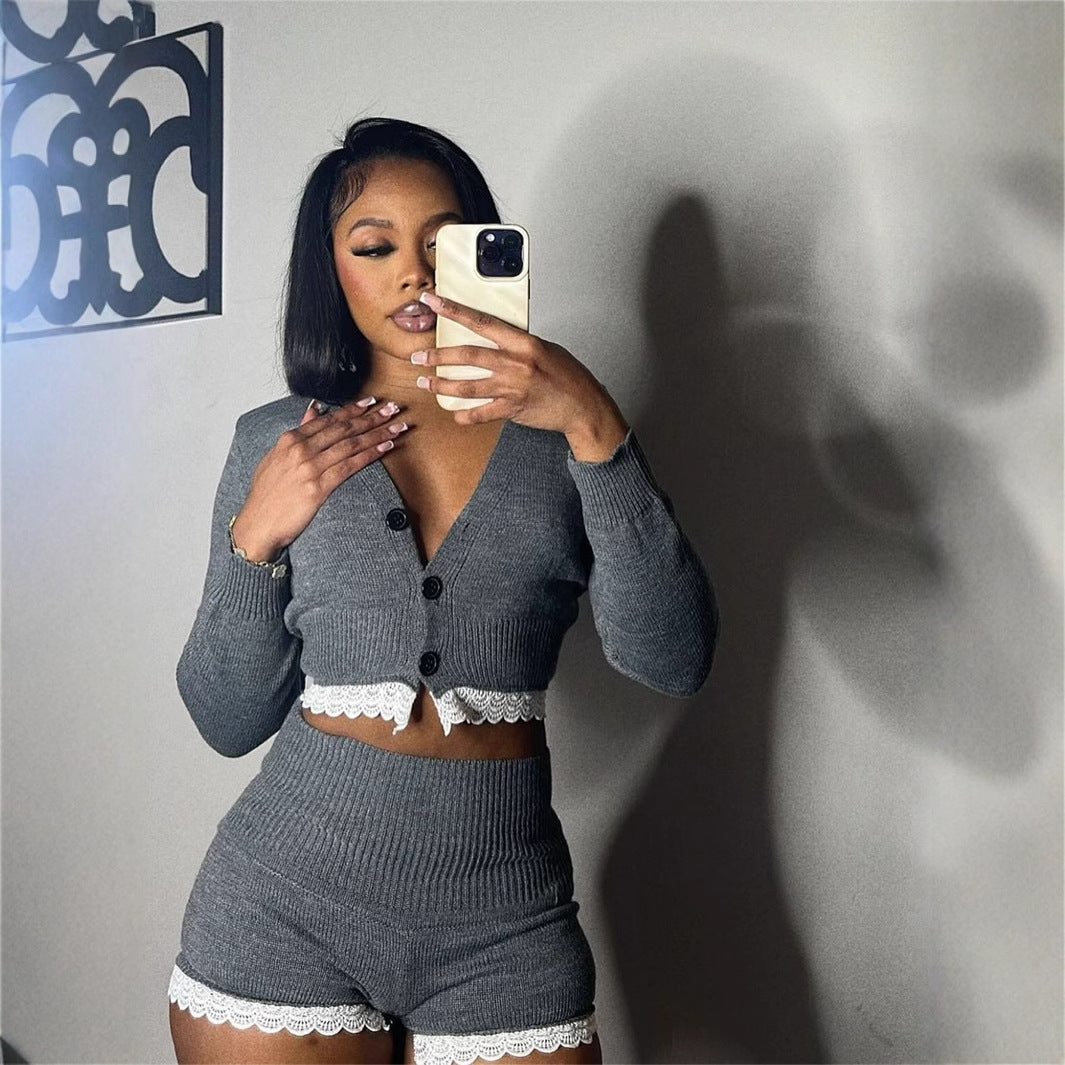 Dam Cardigan Set med Capri Byxor i Spandex för Sommarkläder-4