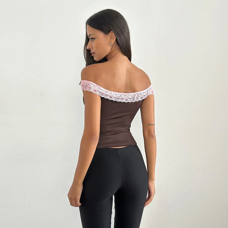 Kvinnors Off-Shoulder Festtopp med Delikat Spetsdetalj Polyester 3