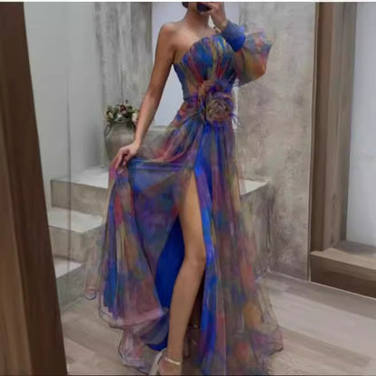 Maxi Klänning Dam Asymmetrisk Blommig Polyester Långa Ärmar-4