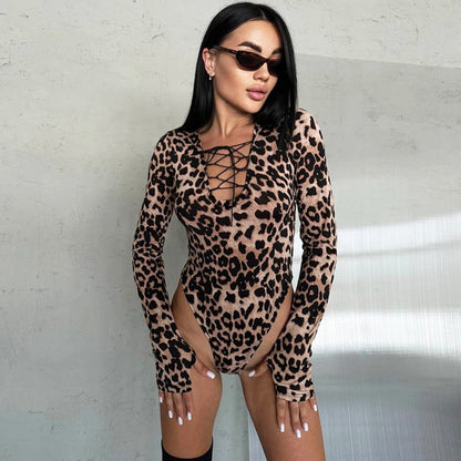 Dam Jumpsuit Leopardmönster Långärmad Polyester Hög Midja-4