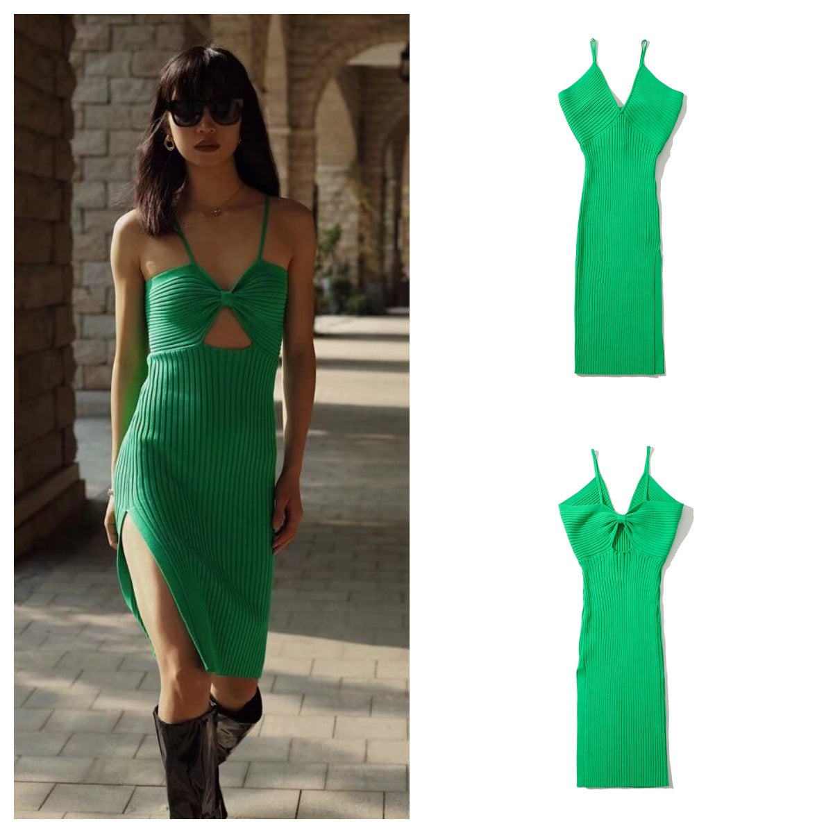 Kvinnors Midi Klänning V-ringning Stickad Akryl Patchwork-2