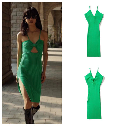 Kvinnors Midi Klänning V-ringning Stickad Akryl Patchwork-2