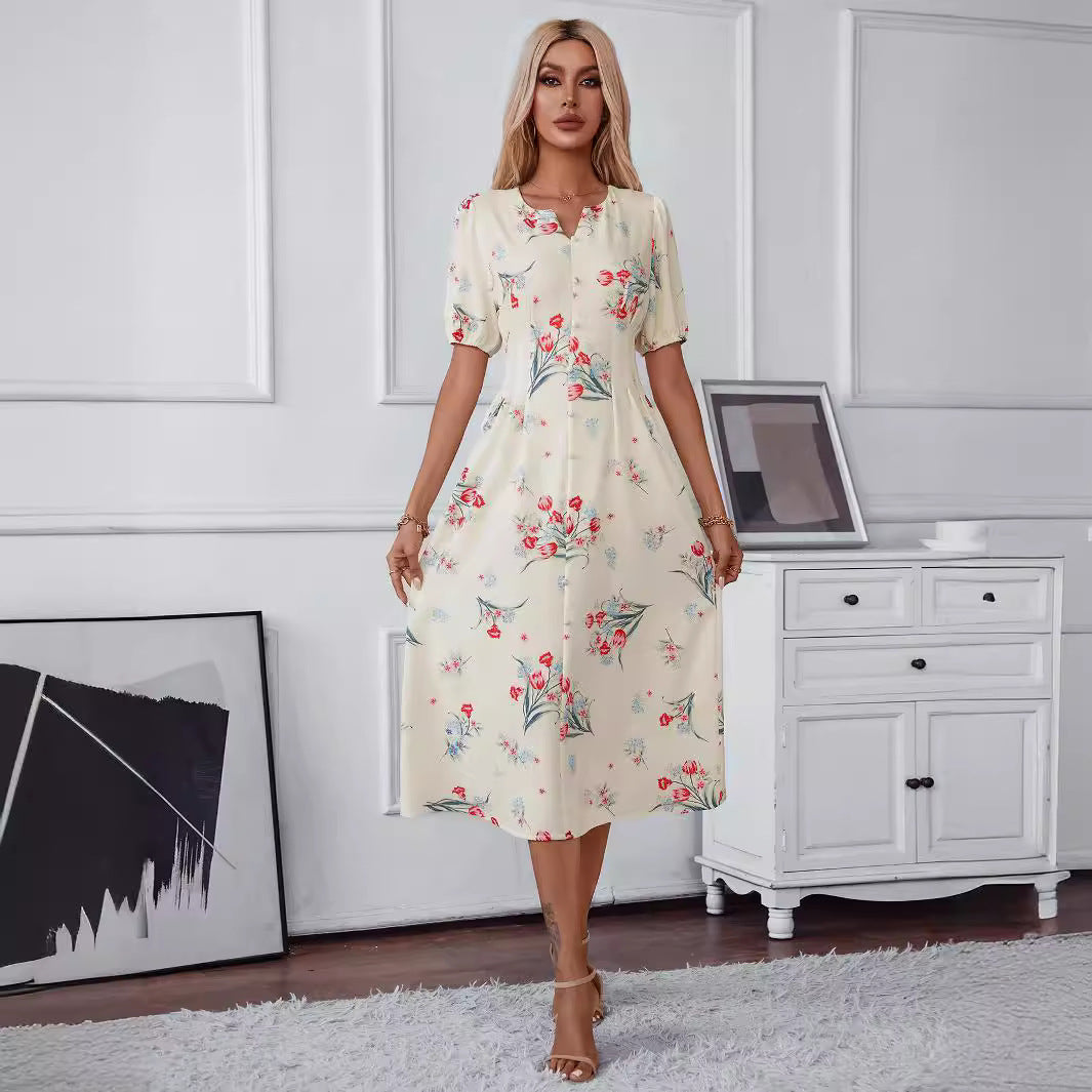 Kvinna Midi Klänning V-hals Blommönster Polyester-4