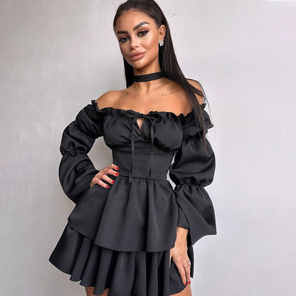 Kvinnors Off-Shoulder Klänning Flödande Ruffles Högkvalitativt Tyg 1