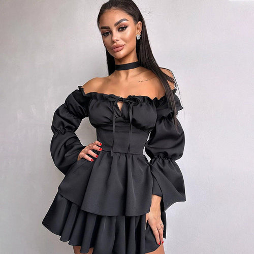 Kvinnors Off-Shoulder Klänning Flödande Ruffles Högkvalitativt Tyg 1