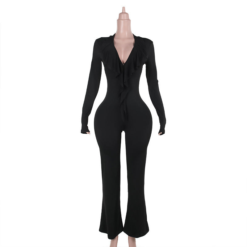 Kvinnors Långärmad Jumpsuit med Rüschendetaljer Elastiskt Material 1