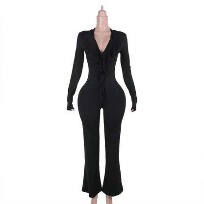 Kvinnors Långärmad Jumpsuit med Rüschendetaljer Elastiskt Material 1