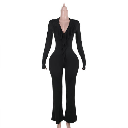 Kvinnors Långärmad Jumpsuit med Rüschendetaljer Elastiskt Material 1