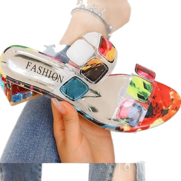 Dam Sandaler Transparenta med Färgglada Geometriska Accenter och Blockhäl-6