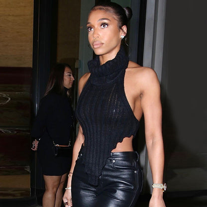 Dam Stickad Oregelbunden Väst Polyester Elegant Trendig-5