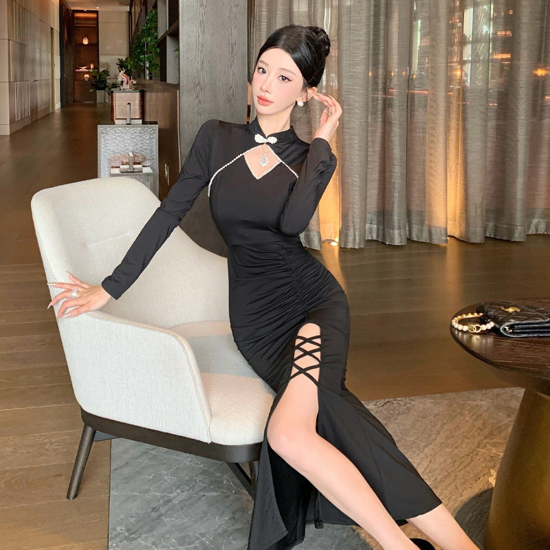 Eleganta Damklänning Qipao med Lång Kjol och Halvöppen Krage – Högkvalitativt Tyg för Formella Tillfällen 4