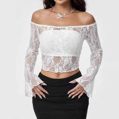 Dam T-shirt Monokrom Spetsskjorta 100% Bomull Klockärmar-4