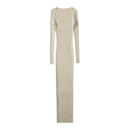 Eleganta Stickade Damklänning med Lång Ärmar och Lång Kjol – Mjuk Akryl och Modern Design 1