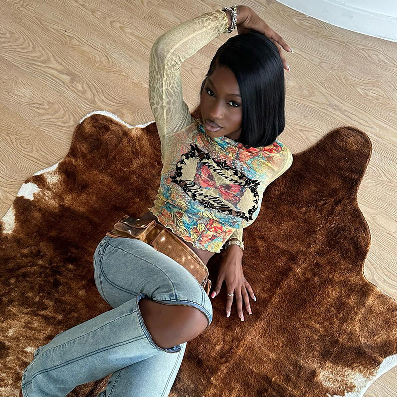 Kvinnors Långärmad Topp Blommig Vintage Spets Elastisk Tyg-3