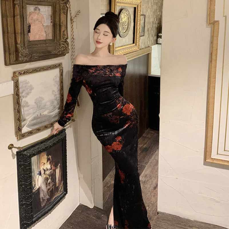 Maxiklänning Dam Axelfri Blommig Design Långärmad Polyester-2