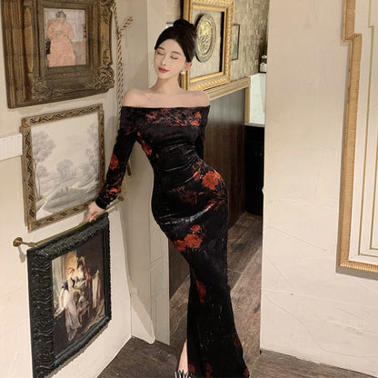 Maxiklänning Dam Axelfri Blommig Design Långärmad Polyester-2