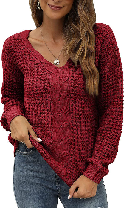 Kvinnors Långärmad Tröja V-ringad Akryl Hålblommönster-4