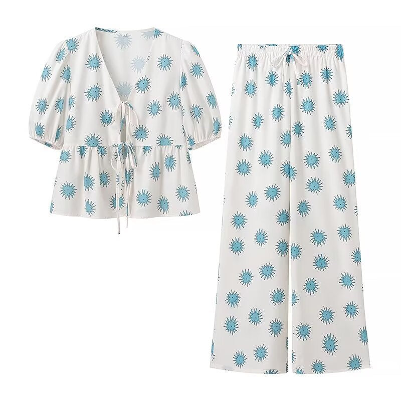 Damset V-ringning Långa Byxor Polyester-1