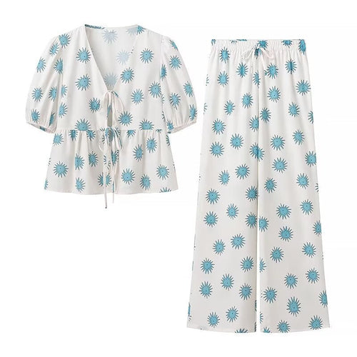 Damset V-ringning Långa Byxor Polyester-1