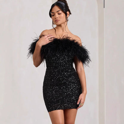 Dam Klänning Hög Midja Pailletten Axel-Fri Kort Kjol Polyester-3