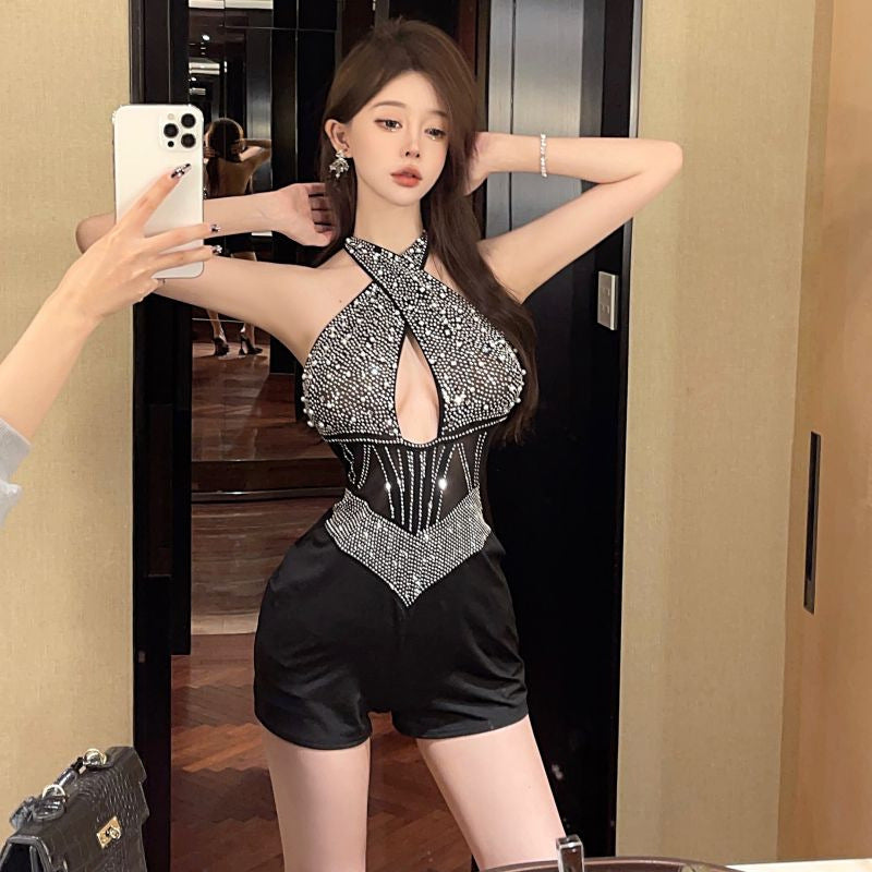 Ärmlös Dam Jumpsuit i Svart Spetsnät och Polyester – Tight-passande Stil för Fest och Vardag 4